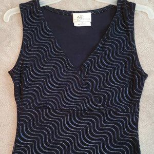 IZ BYER CALIFORNIA Black stretchy v-neck top with blue glitter.